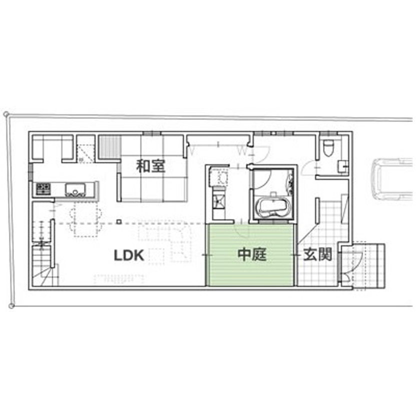一級建築士事務所　タイセーハウジング 【厚木市/2000万円台/間取り図】開放感＋家を明るくするウッドデッキの光庭に南側の高窓と吹抜けが魅力の家の間取り図（3LDK）1階