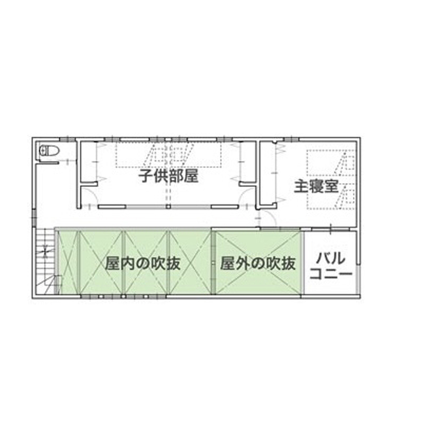 一級建築士事務所　タイセーハウジング 【厚木市/2000万円台/間取り図】開放感＋家を明るくするウッドデッキの光庭に南側の高窓と吹抜けが魅力の家の間取り図（3LDK）2階
