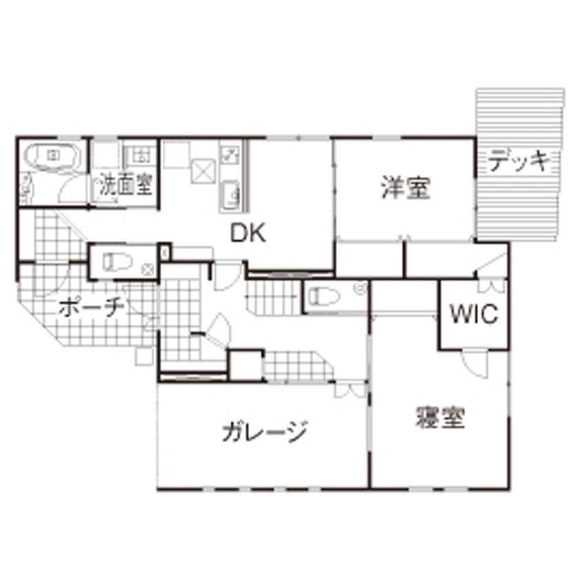 一級建築士事務所　タイセーハウジング 【横浜市神奈川区/ビルトインガレージ/間取り図有】遊び心満載な空間作り。囲炉裏がある3階建て二世帯住宅の間取り図（5K以上）1階