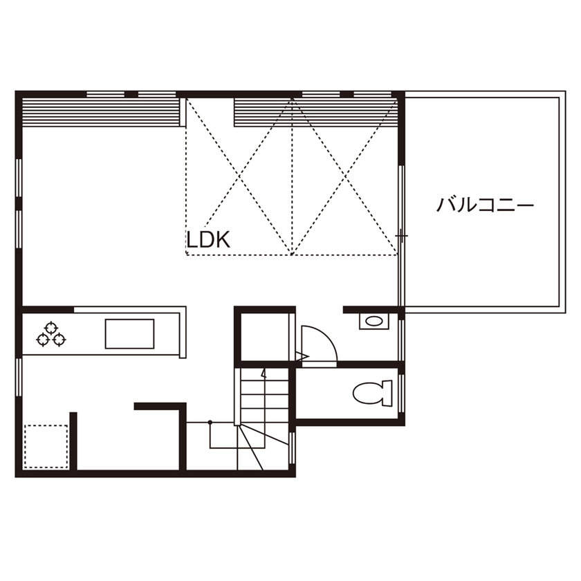 一級建築士事務所　タイセーハウジング 【世田谷区/2000万円台/狭小変形地/約28坪/間取り図】自然素材で建てる天井高3.5mのゆったりLDKの家の間取り図（3LDK）2階