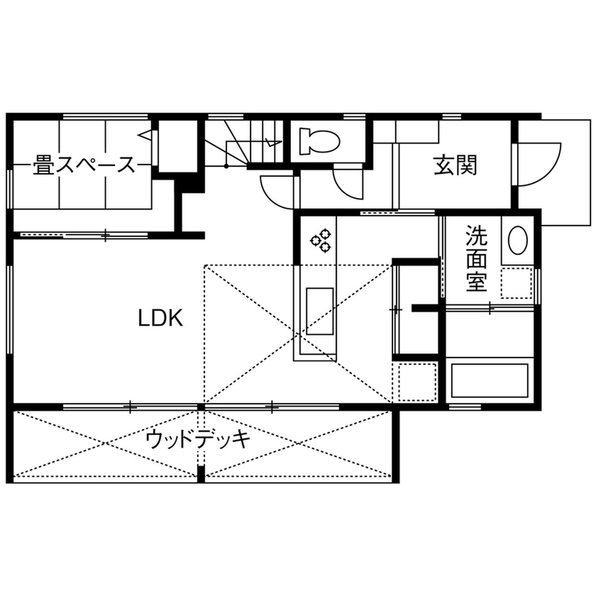 一級建築士事務所　タイセーハウジング 【厚木市/ウッドデッキ/3LDK/間取り図】暮らしに沿った帰宅動線に家と外とを繋ぐスクエアデザインの家の間取り図（3LDK）1階