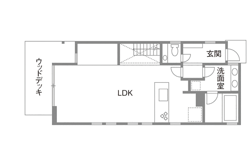 一級建築士事務所　タイセーハウジング 【東京都/自然素材/間取り図】インテリアに溶け込むデザイン空間。優しい色合いのスタイリッシュな縦型住宅の間取り図（3LDK）1階