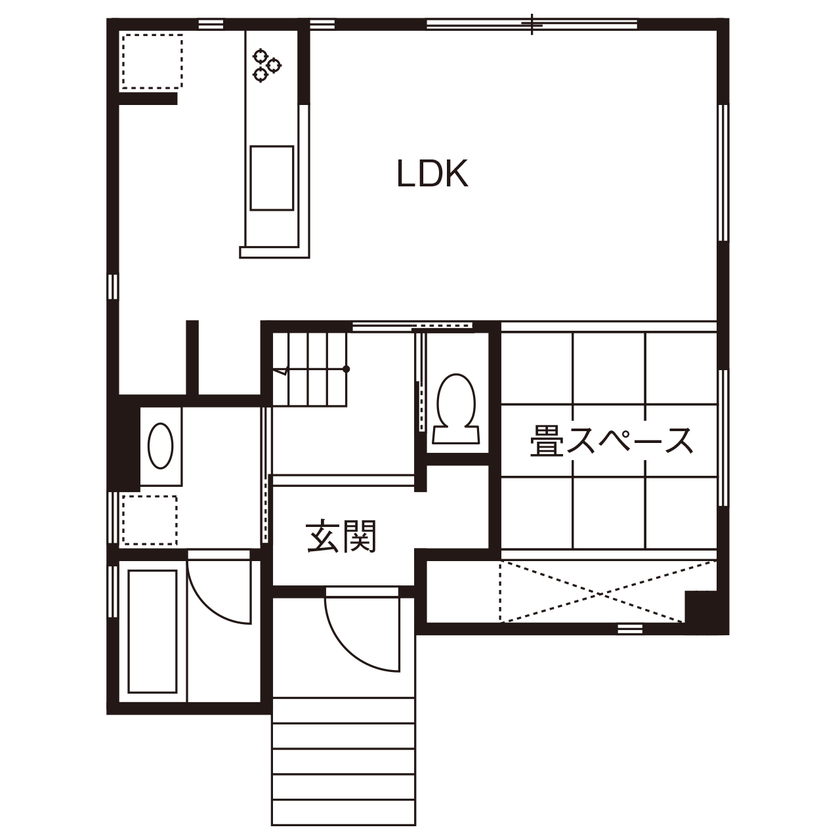 一級建築士事務所　タイセーハウジング 【厚木市/建て替え/間取り図】底冷えや結露の悩みを解消する性能重視で考えた全館空調の四角い箱型ハウスの間取り図（3LDK）1階