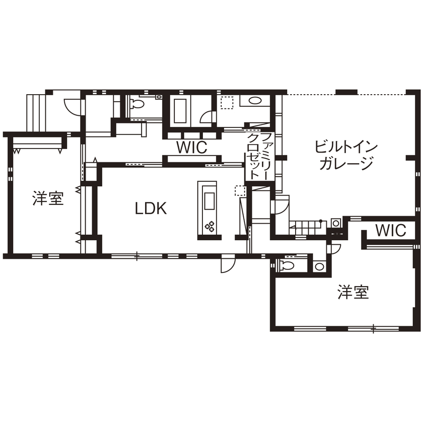 一級建築士事務所　タイセーハウジング 【神奈川県厚木市／間取り図】全館空調で夏も冬も快適な平屋ガレージハウスの間取り図（2LDK）1階