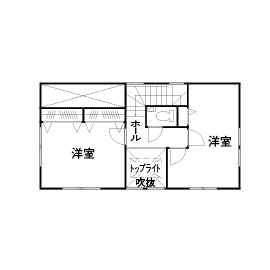 木下工務店 【3100万円/30坪/間取り図/東京/吹き抜け】傾斜地を活かしたビルトインガレージと半地下でゆったりと暮らすの間取り図（3LDK）2階