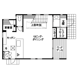 木下工務店 吹き抜けから家中に広がるやわらかな光。いきいきとした家族の気配を身近に感じながら暮らす家の間取り図（3LDK）1階