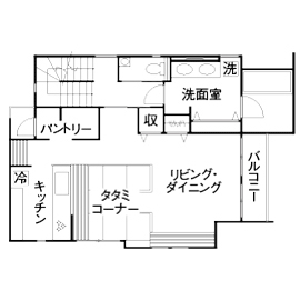 木下工務店 【4000万円/46坪/間取り図/東京/ルーフバルコニー】和の趣を愉しむ、ビルトインカーポート付きの3階建ての間取り図（3LDK）2階