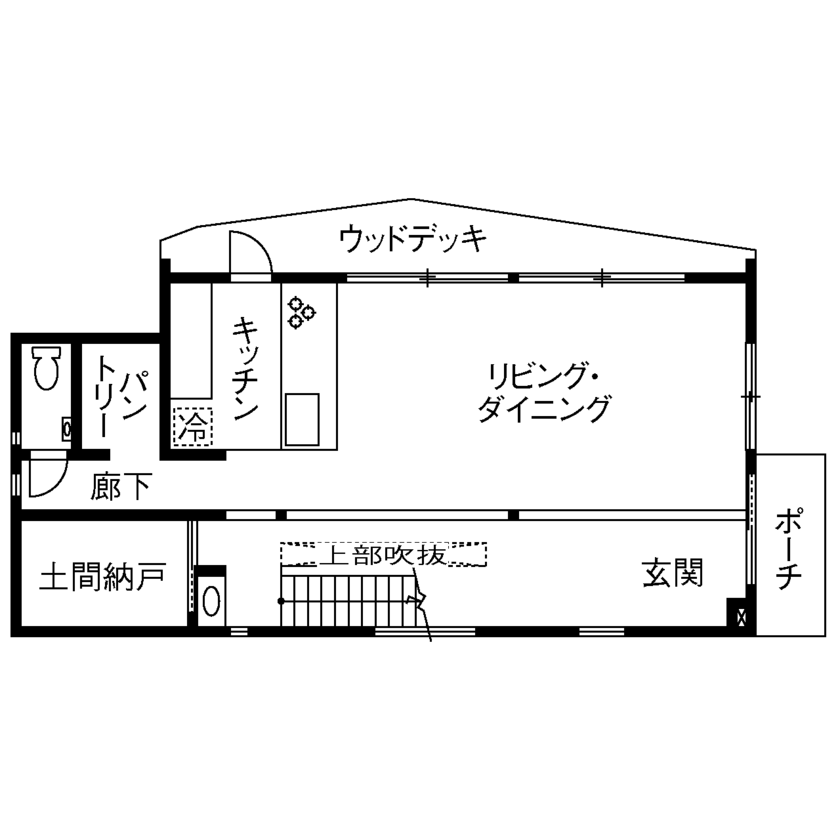 木下工務店 【2000万円台/35坪/間取り図/神奈川/土間収納】高台からの眺望は圧巻。オープンでアウトドアライクな住まいの間取り図（3LDK）1階