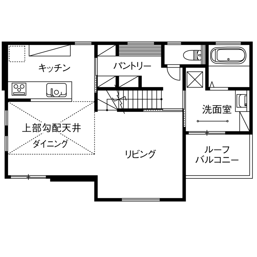 木下工務店 【2400万円台／2階リビング／屋上／間取図有】明るさと開放感、アウトドアの気持ちよさを愉しむ家の間取り図（3LDK+小屋裏+屋上）2階