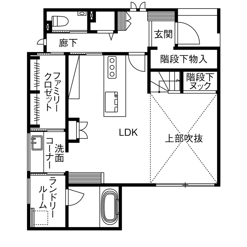 木下工務店 【2100万円台／吹抜／動線／間取図有】光に包まれる大空間とヌックの心地よさが、やさしく時間を紡ぐ家の間取り図（3LDK）1階