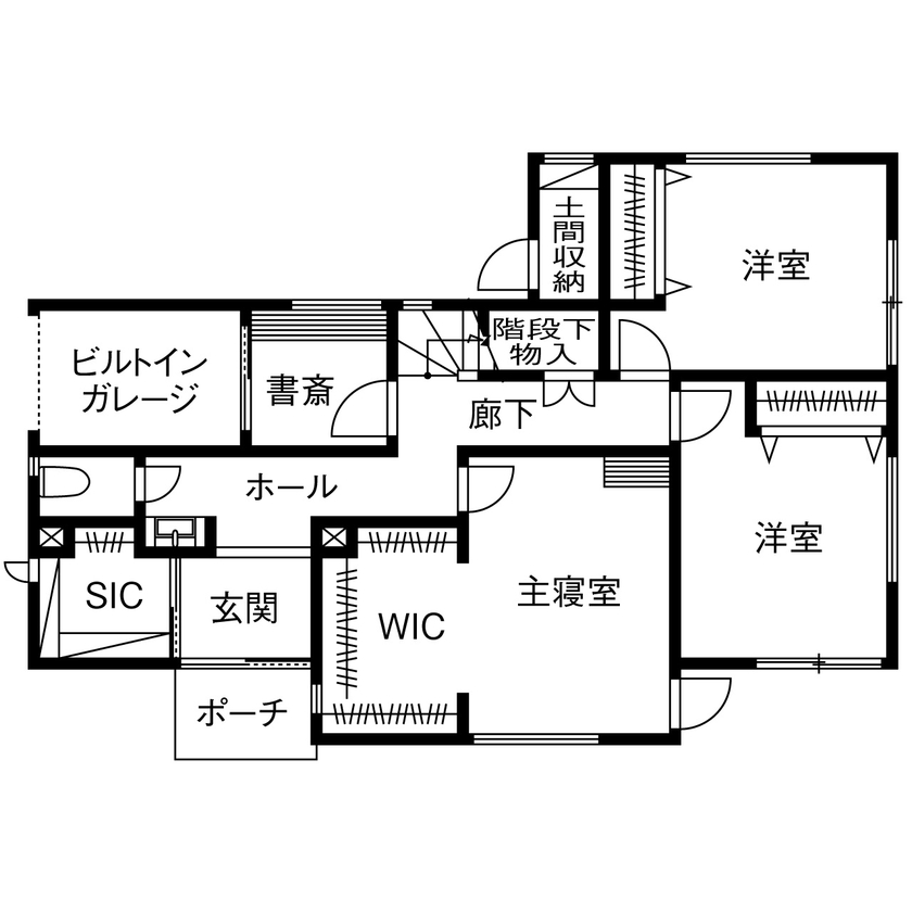木下工務店 【3800万円台／ビルトインガレージ／間取図有】アウトドアにつながる暮らし。日々の効率、動線も大切にの間取り図（3LDK+書斎+小屋裏）1階
