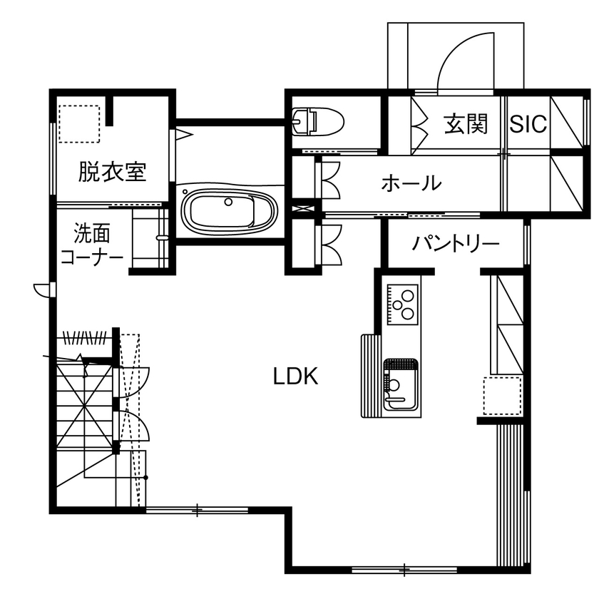 木下工務店 【2000万円～2499万円／家事動線／収納充実／間取図有】綿密な計画で形にするナチュラルで機能的な空間の間取り図（3LDK+書斎+WIC）1階