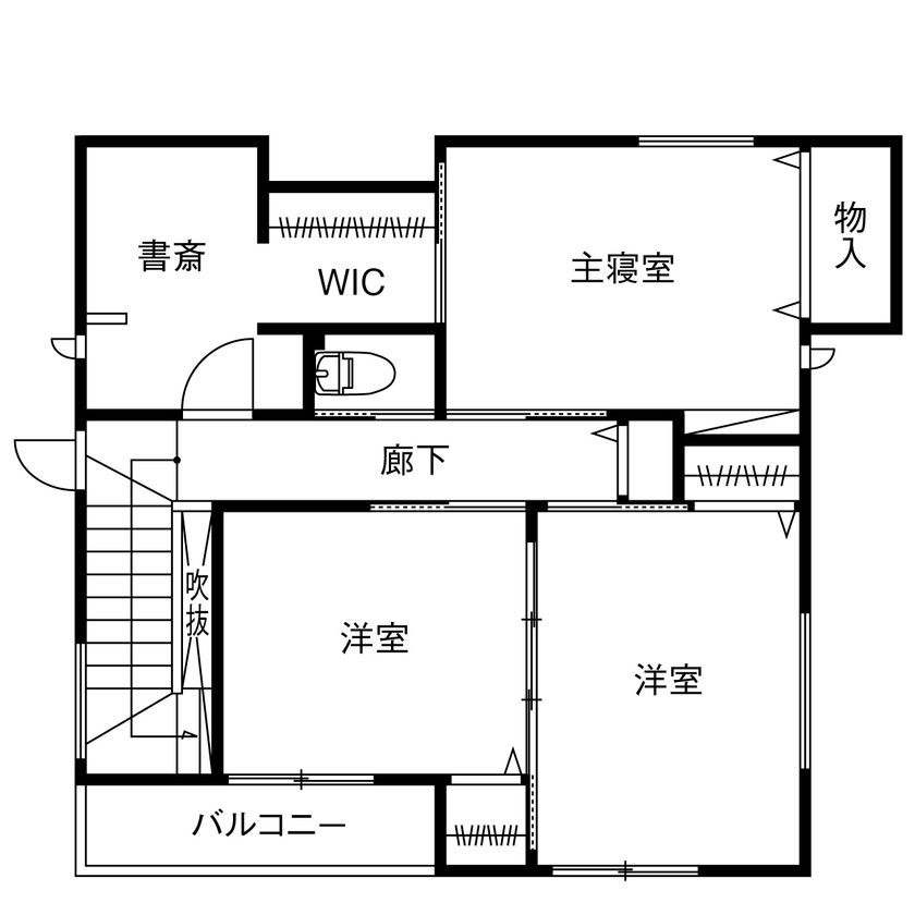 木下工務店 【2000万円～2499万円／家事動線／収納充実／間取図有】綿密な計画で形にするナチュラルで機能的な空間の間取り図（3LDK+書斎+WIC）2階