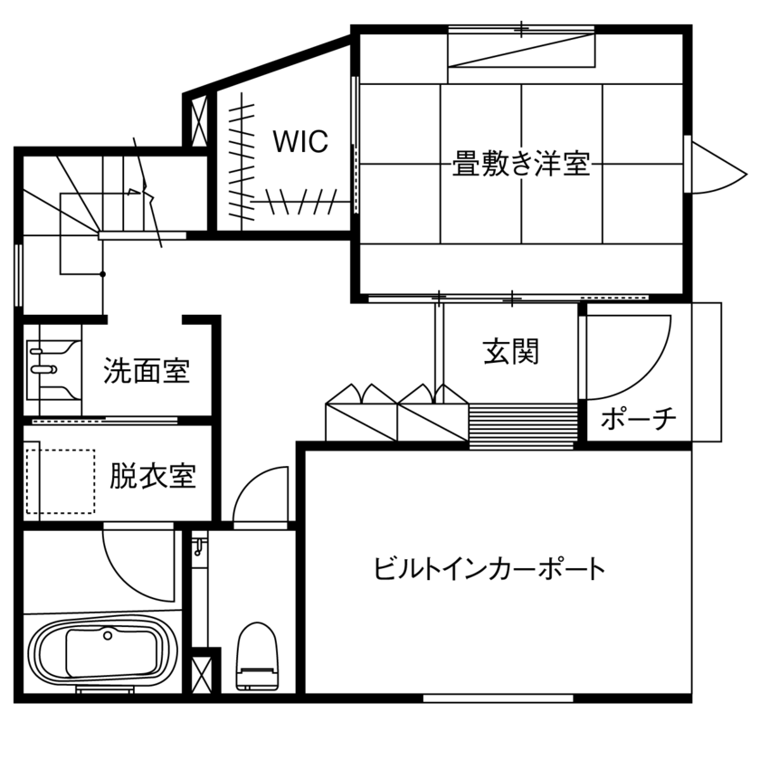 木下工務店 【3200万円／狭小／3階建て／吹抜／間取図有】限られた敷地でもゆとりの佇まい。明るさと開放感の室内の間取り図（3LDK）1階