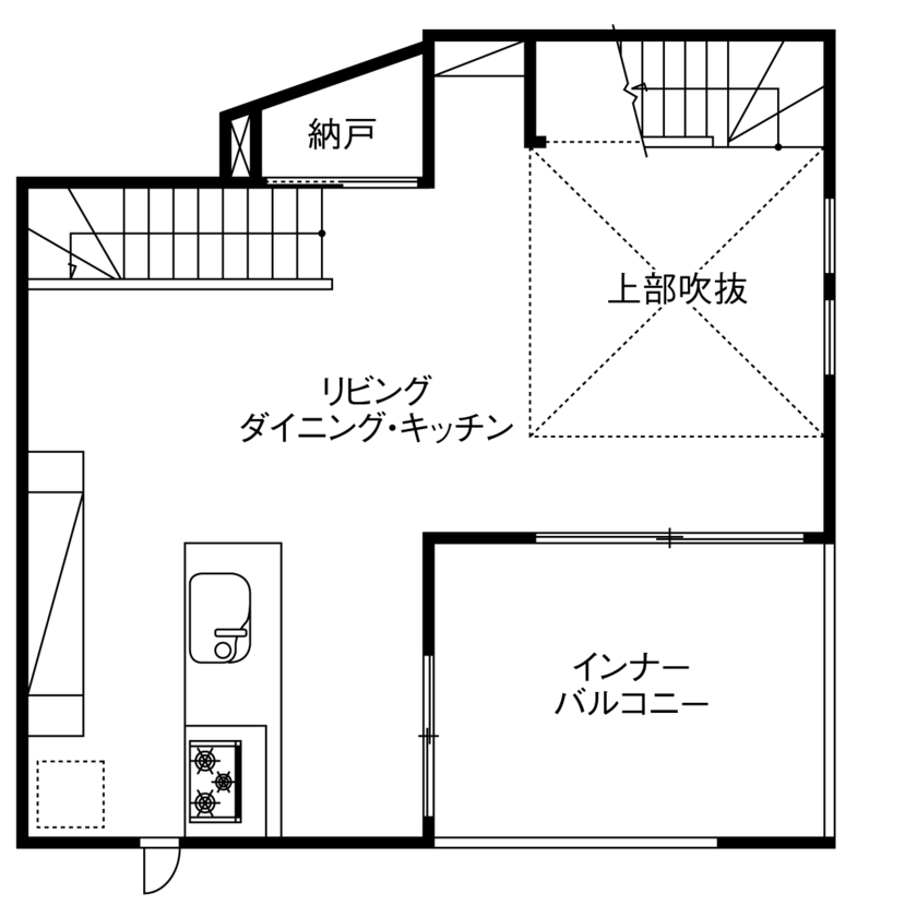 木下工務店 【3200万円／狭小／3階建て／吹抜／間取図有】限られた敷地でもゆとりの佇まい。明るさと開放感の室内の間取り図（3LDK）2階