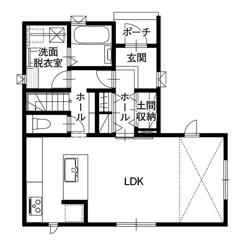 木下工務店 【2000万円～2099万円／吹抜／セミオーダー住宅／間取図有】20代で建てた、明るい吹抜けのある高性能住宅の間取り図（3LDK+書斎）1階