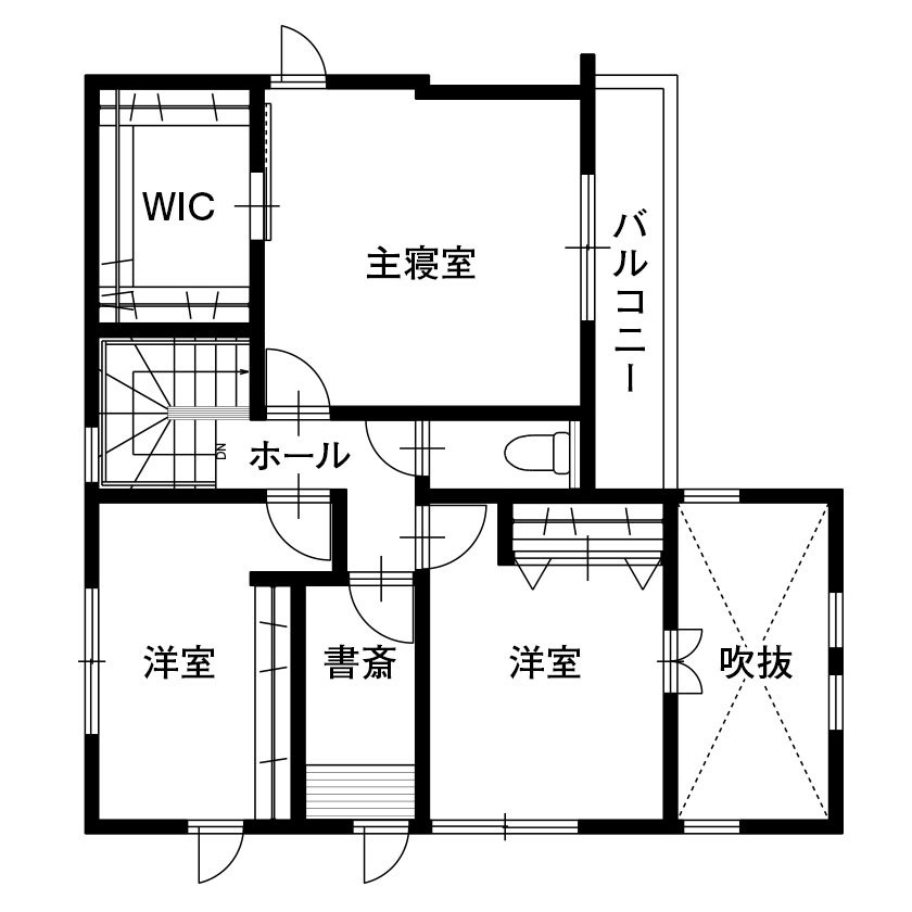 木下工務店 【2000万円～2099万円／吹抜／セミオーダー住宅／間取図有】20代で建てた、明るい吹抜けのある高性能住宅の間取り図（3LDK+書斎）2階