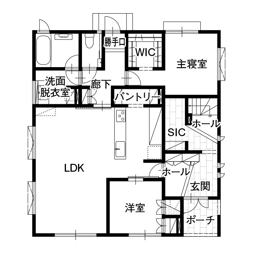 木下工務店 【二世帯住宅／家事動線／間取図有】家族の暮らしやすさを叶えた、高台の二世帯住宅の間取り図（2LDK+3LDK）1階