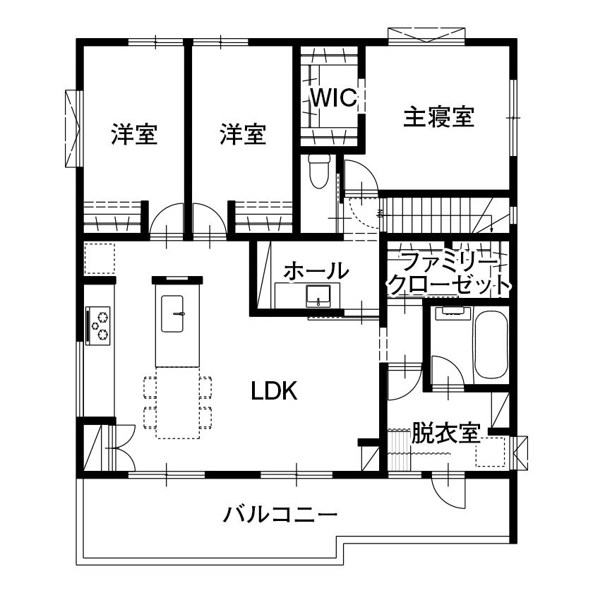 木下工務店 【二世帯住宅／家事動線／間取図有】家族の暮らしやすさを叶えた、高台の二世帯住宅の間取り図（2LDK+3LDK）2階