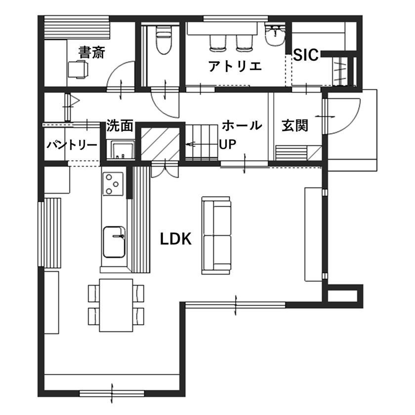 木下工務店 【2階建て35坪／書斎／間取図有】「楽で快適」にこだわった、家族の笑顔が広がる住まいの間取り図（2LDK＋書斎＋アトリエ）1階