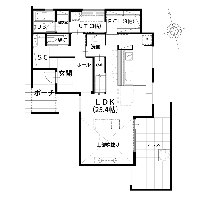 山下ホーム 【富山市/37.1坪】グレーと木が調和する、開放感と心地よさのある住まいの間取り図（3LDK）1階