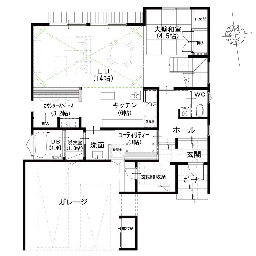 山下ホーム 【富山市/42.6坪/吹き抜け】家族の時間と一人の時間、両方をバランスよく満喫する住まいの間取り図（3LDK）1階