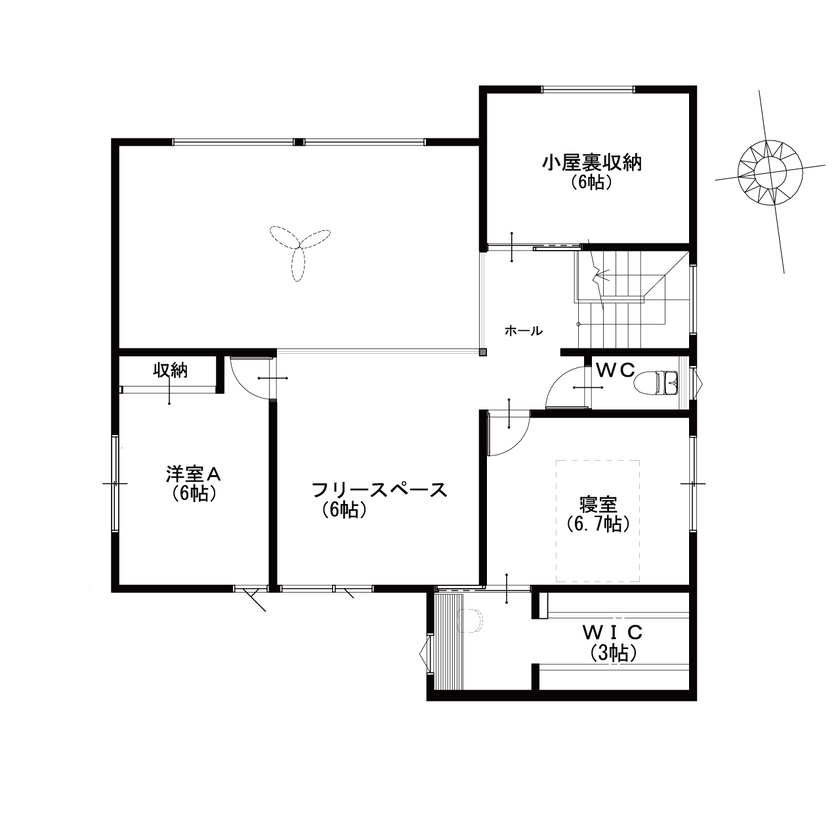 山下ホーム 【富山市/42.6坪/吹き抜け】家族の時間と一人の時間、両方をバランスよく満喫する住まいの間取り図（3LDK）2階
