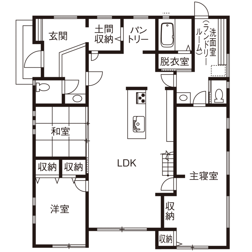 木のぬくもりアシストホーム 【3000万円台/平屋/間取り図有/国産ひのき】LDKを囲んだ回遊動線にこだわった、生活しやすい自然素材の家の間取り図（3LDK）1階