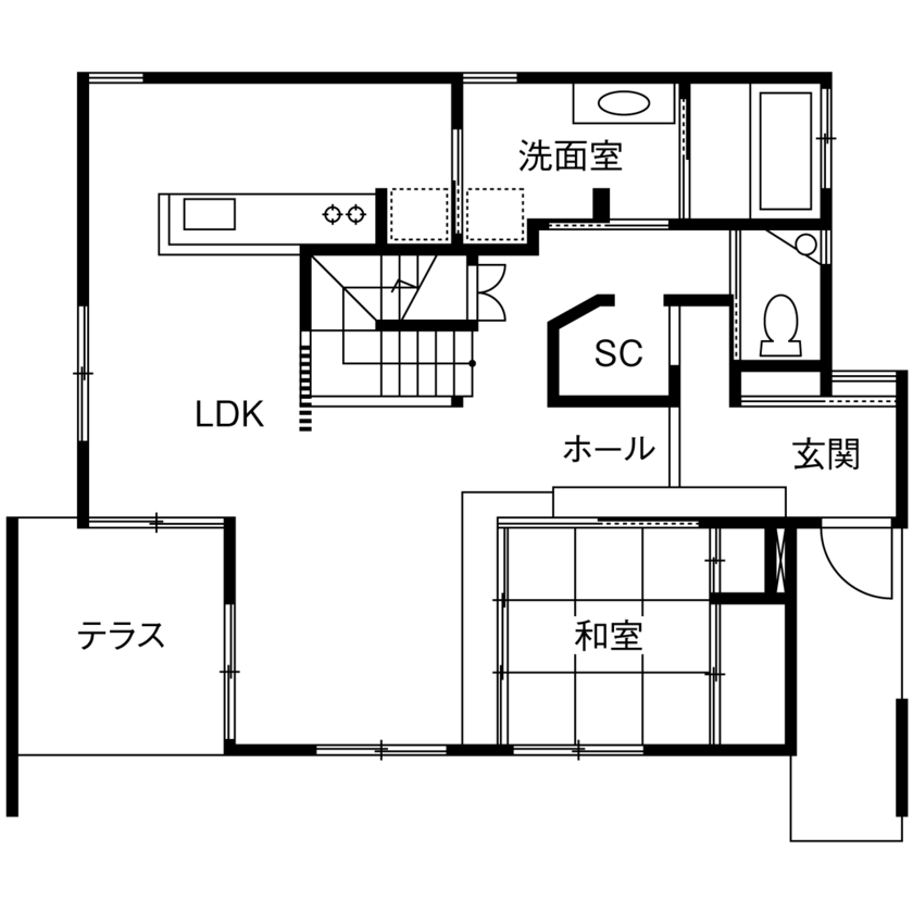 日建ホーム（我孫子・柏・松戸・流山） 【3000万円台|40坪台|間取り】リゾートを思わせる空中テラスや、庭園を楽しむ小上がりなど毎日を楽しめる家の間取り図（3LDK）1階