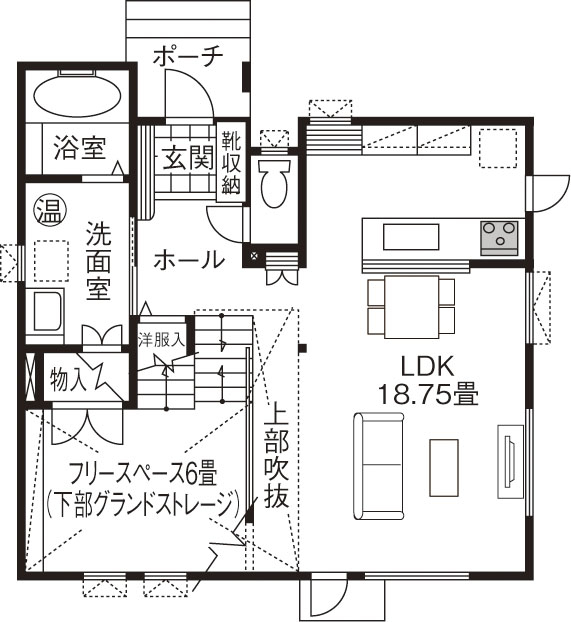 マルトモホーム 【スキップフロア/4人家族/3LDK+フリースペース】グランドストレージも大活用　子育て目線で住み心地上々！の間取り図（3LDK）1階