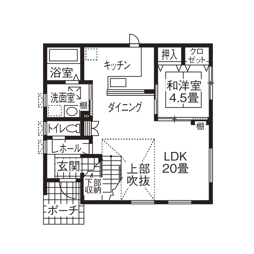 マルトモホーム 【3LDK+プレイルーム/35坪/吹き抜け】ダイニングの窓から見る空が最高！毎日心地よく幸せを感じる家の間取り図（3LDK）1階