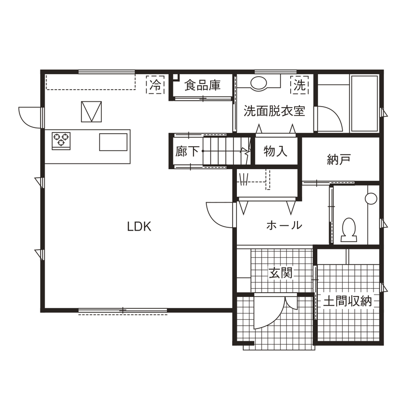 アルルホームズ 【1000万円台(35.6 坪)・30代】心地よい室温、感じる家族の姿　光を通す「階段扉」が快適の鍵の間取り図（3LDK）１階