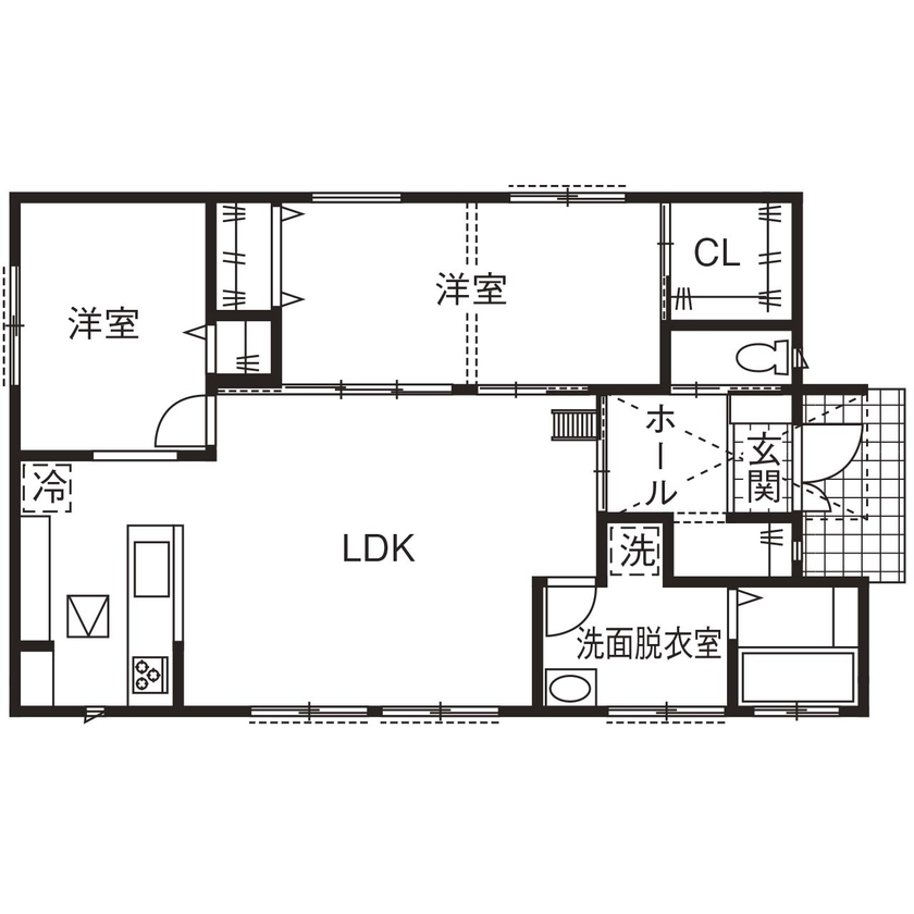 アルルホームズ 【1,500万円～2,000万円】家族と愛犬とのびのび過ごす大空間を実現 爽やかなフレンチカントリーの平屋の間取り図（2LDK＋ロフト）1階
