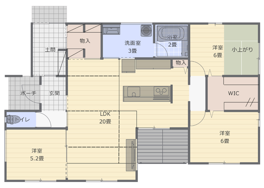 アルルホームズ 【2000～2500万円】犬と猫と一緒に暮らす ペットファーストの平屋の間取り図（3LDK）1階