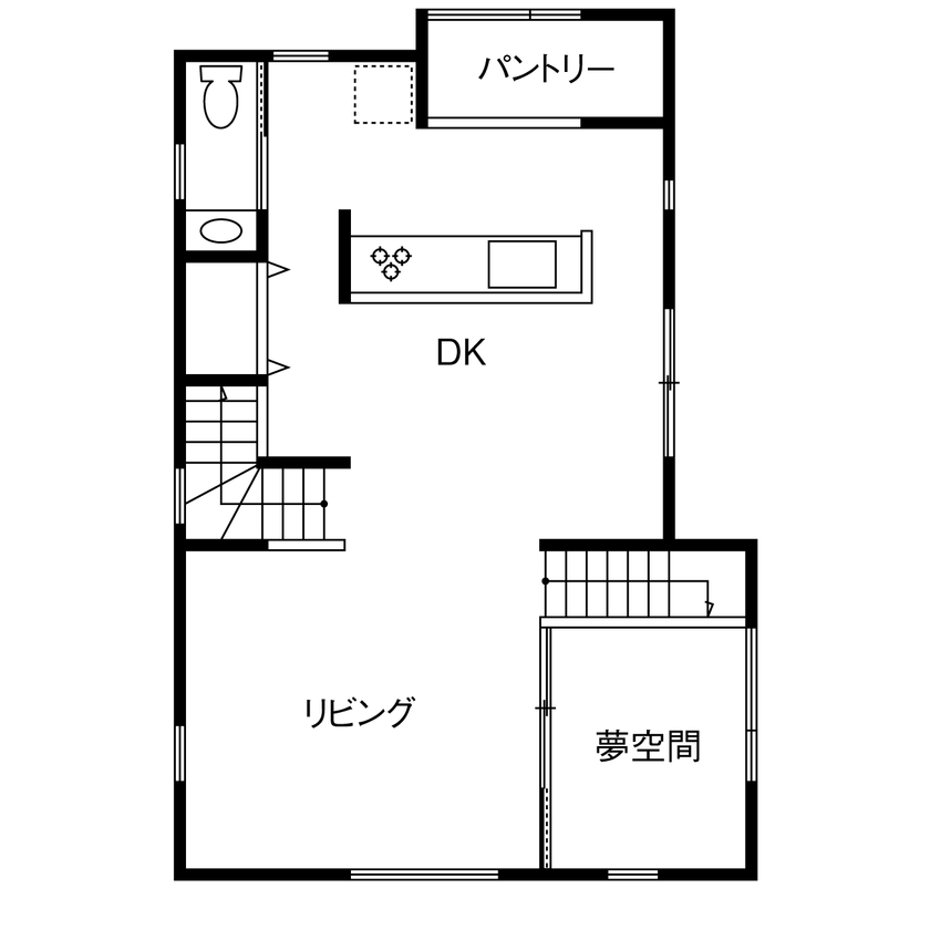カスタムエージェント 【間取図有／1754万円／2階LDK／スキップフロア／サンルーム】上下に夢空間！無垢材と吹き抜けが心地よい家の間取り図（2LDK＋夢空間2室）2階