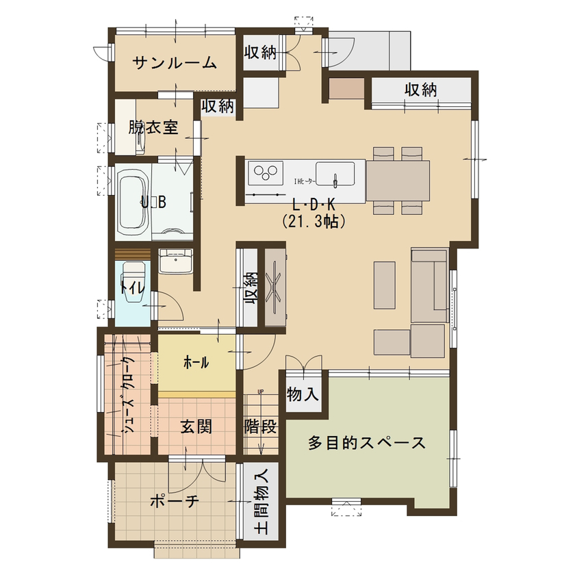 カスタムエージェント 使い方は無限大！空間を緩やかに繋げたプラスアルファの部屋がある、遊び心満載の家の間取り図（3LDK）1階