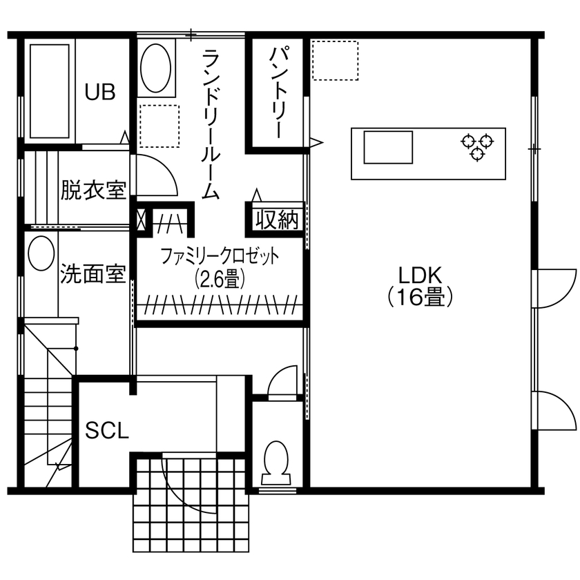 カスタムエージェント 【1980万円/家事ラク動線】機能的な回遊型間取りとデザイン性の高さが両立した家の間取り図（3LDK＋FC）1階