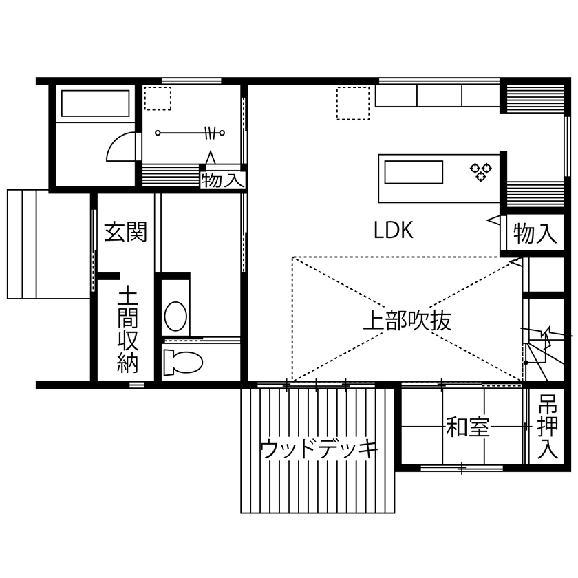 パシフィック・ホーム&リノベーション/岡田建設 【3000万円以下/40坪以下/太陽光発電】大型吹き抜けリビングと中庭のある住まい（間取り図有）の間取り図（4LDK）1階