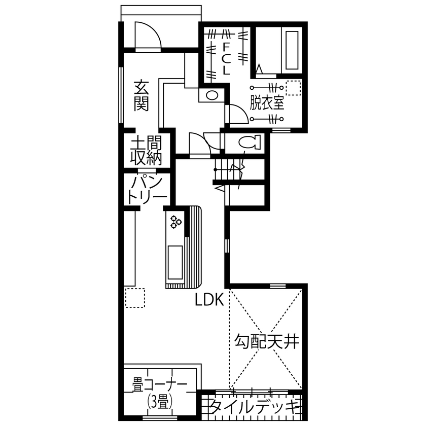 パシフィック・ホーム&リノベーション/岡田建設 【3000万円以下/40坪以下/太陽光発電】勾配天井のリビングとお気に入りのアクセントクロス（間取り図有）の間取り図（3LDK+畳コーナー）1階