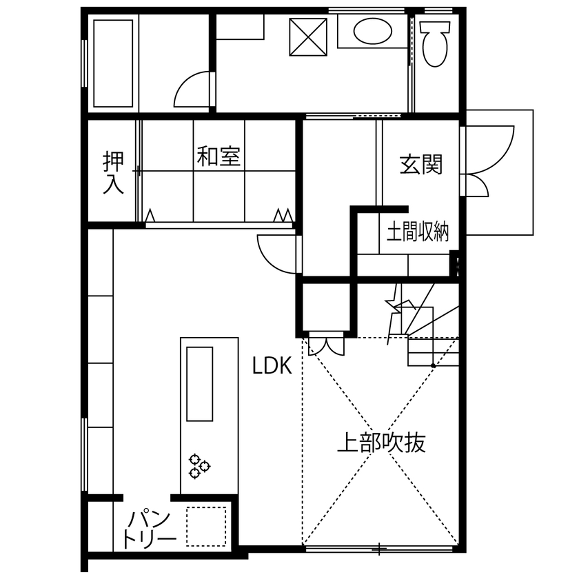 パシフィック・ホーム&リノベーション/岡田建設 【2000万円以下/40坪以下/太陽光発電】大きな吹き抜けリビングから花火を楽しむ高台の家（間取り図有）の間取り図（3LDK）1階