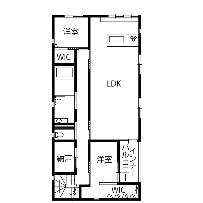 パシフィック・ホーム&リノベーション/岡田建設 【4000万円/70坪以下】3台分インナーガレージ付の事務所＆住居/2階大型リビング空間（間取り図有）の間取り図（3LDK）2階