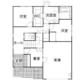 匠技建 【2000万円台/40坪台/2階リビング/間取り図】リビング階段を中心に趣味部屋と繋がるビルトインガレージの家の間取り図（3LDK）1階