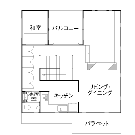 匠技建 【2000万円台/40坪台/2階リビング/間取り図】リビング階段を中心に趣味部屋と繋がるビルトインガレージの家の間取り図（3LDK）2階