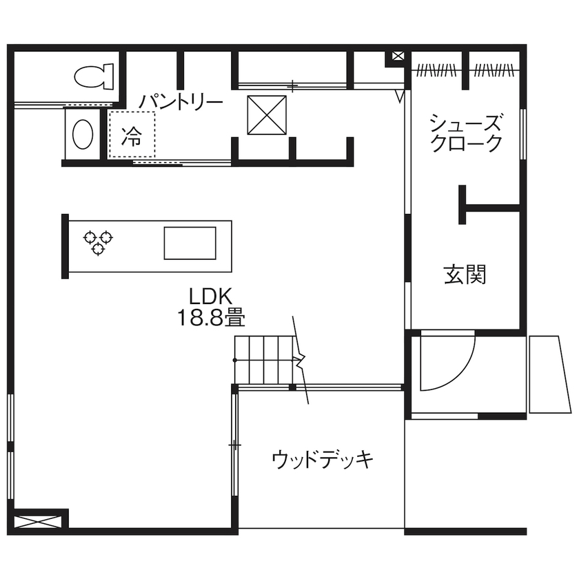 匠技建 【国立市/2000万円台/30坪台/間取り図】明るく広いリビングにウッドデッキを囲むような窓が少ない外観の家の間取り図（2LDK）1階