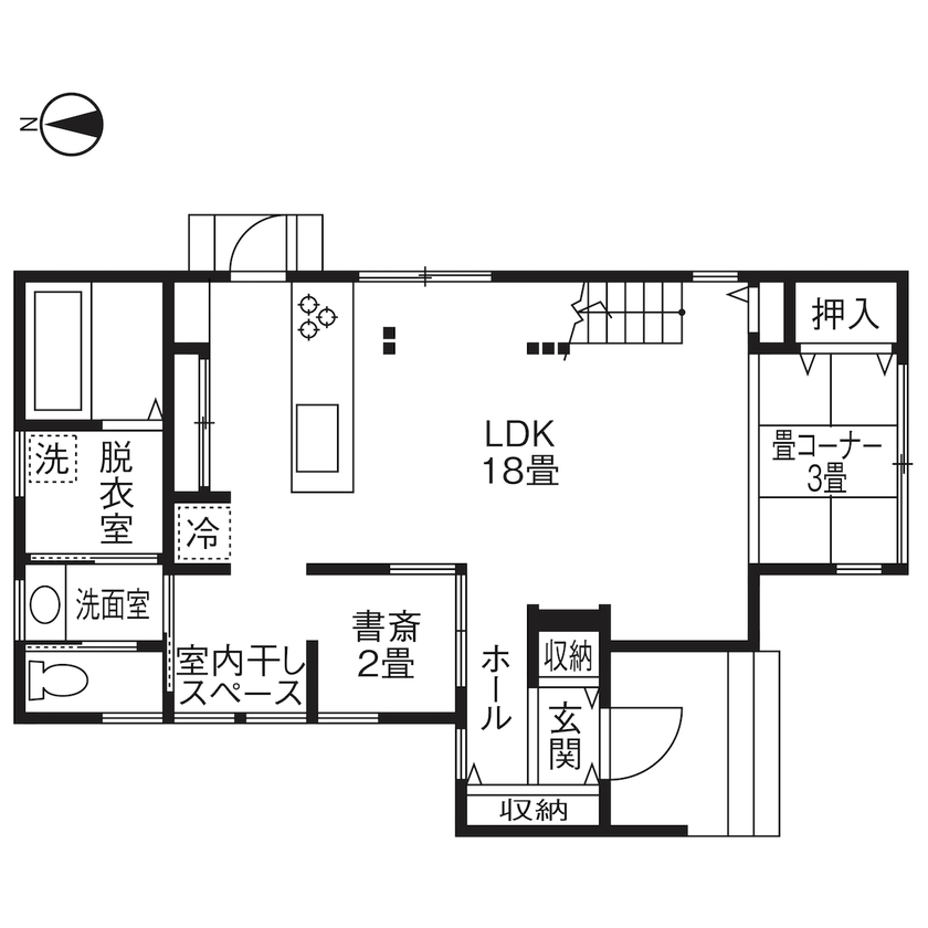 匠技建 【2000万円台/30坪台/書斎/間取り図】エアコンと窓のある小屋裏収納にガルバリウム鋼板の白い三角屋根の家の間取り図（3LDK）1階