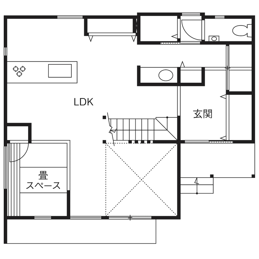 匠技建 【三鷹市/3000万円台/30坪台/ペット/間取り図】吹き抜けリビングにキャットウォークがある愛猫と暮らす家の間取り図（3LDK）1階