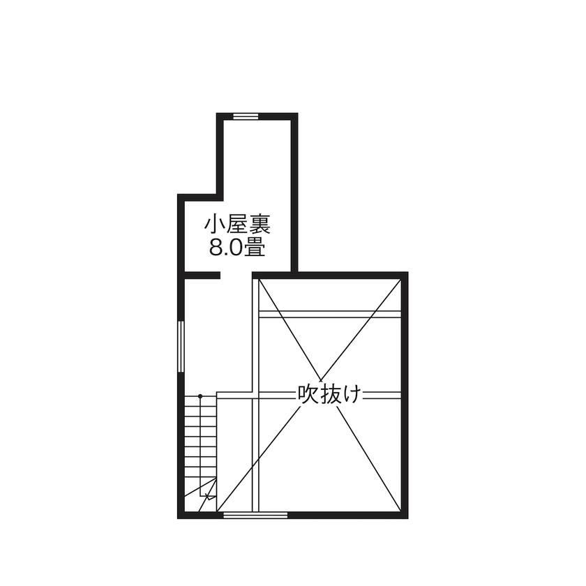 匠技建 【立川市/2000万円台/20坪台/自然素材/間取り図】広々とした吹き抜け2階リビング。梁の見える長方形の家の間取り図（2LDK）小屋裏