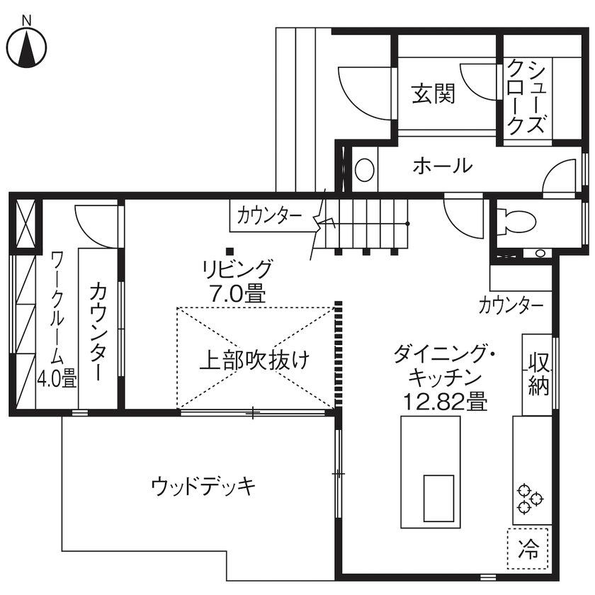 匠技建 【国分寺市/2000万円台/30坪台/全館空調/間取り図】吹き抜けリビングとプライベートなウッドデッキを繋ぐ家の間取り図（3LDK）1階