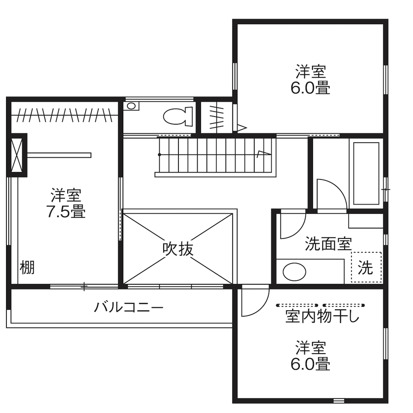 匠技建 【国分寺市/2000万円台/30坪台/全館空調/間取り図】吹き抜けリビングとプライベートなウッドデッキを繋ぐ家の間取り図（3LDK）2階