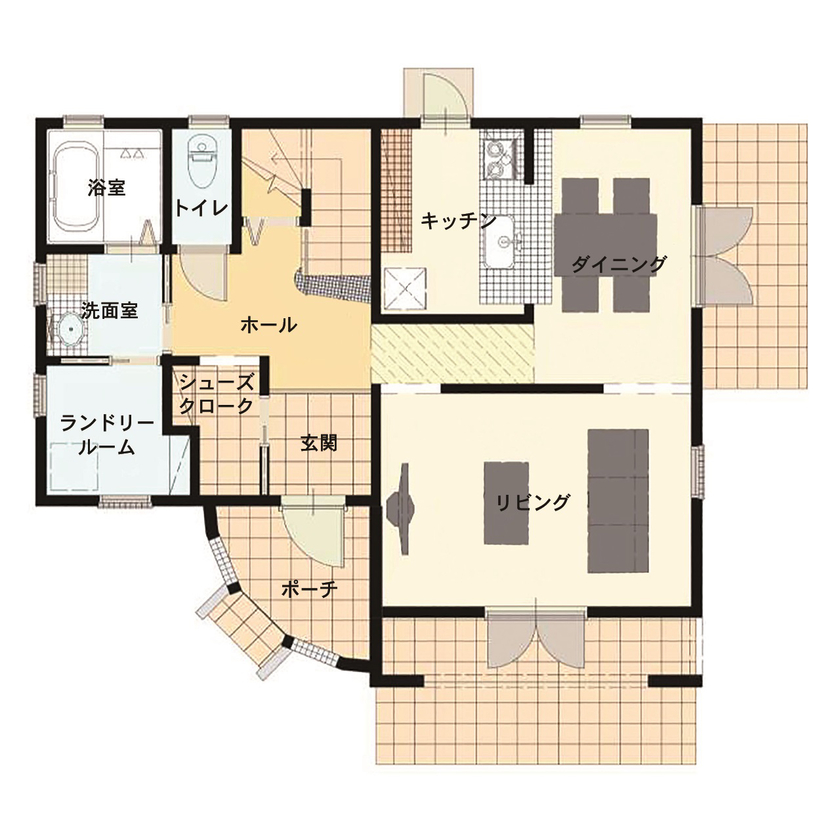 丸和建設 【鹿児島市 2階建て】34.31坪（113.45m2）　丘にたたずむ南欧風スローライフが楽しめる家の間取り図（4LDK）１階
